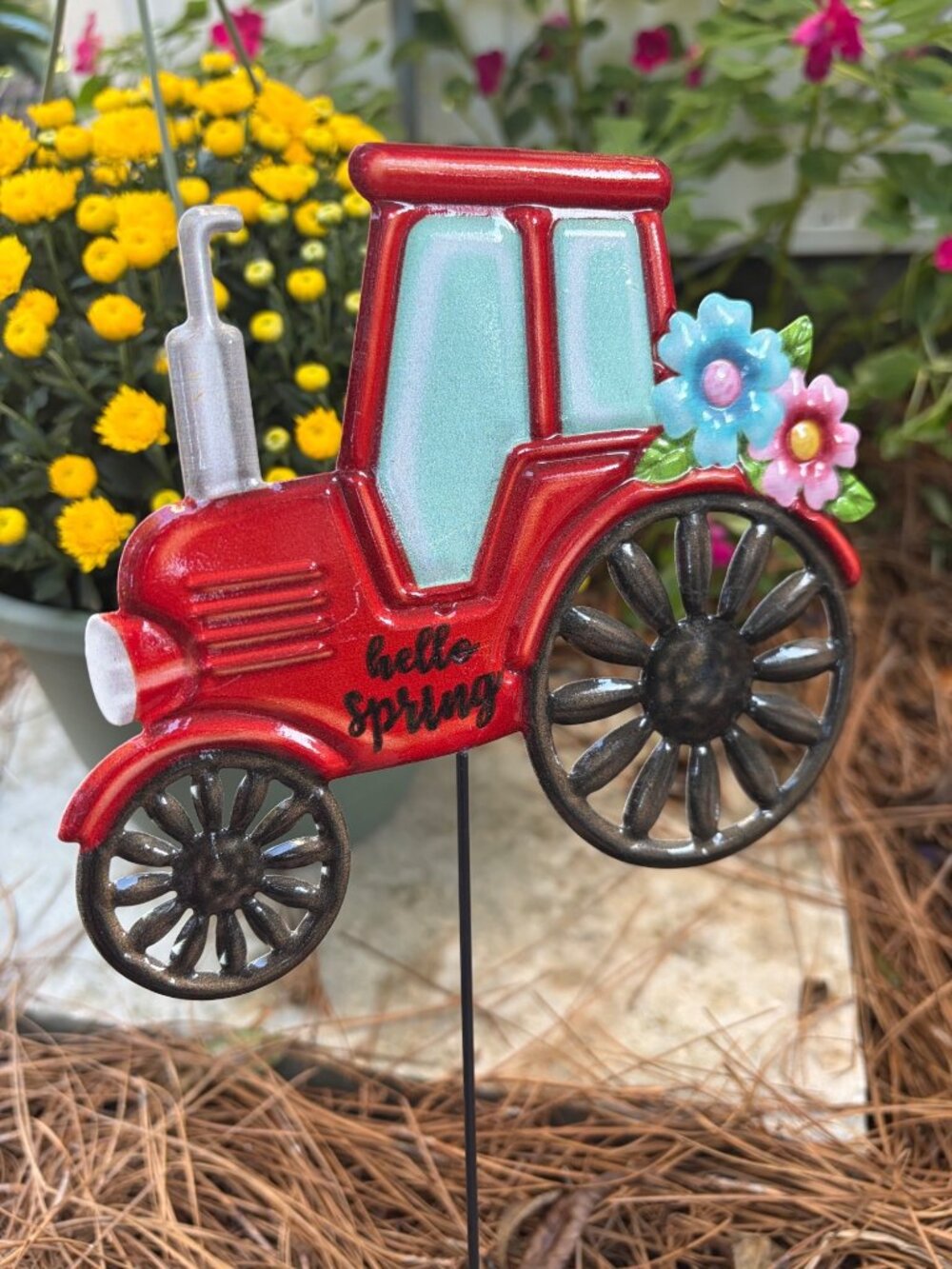 Red Tractor Garden Stake With "Hello Spring" & Floral Accents S11a